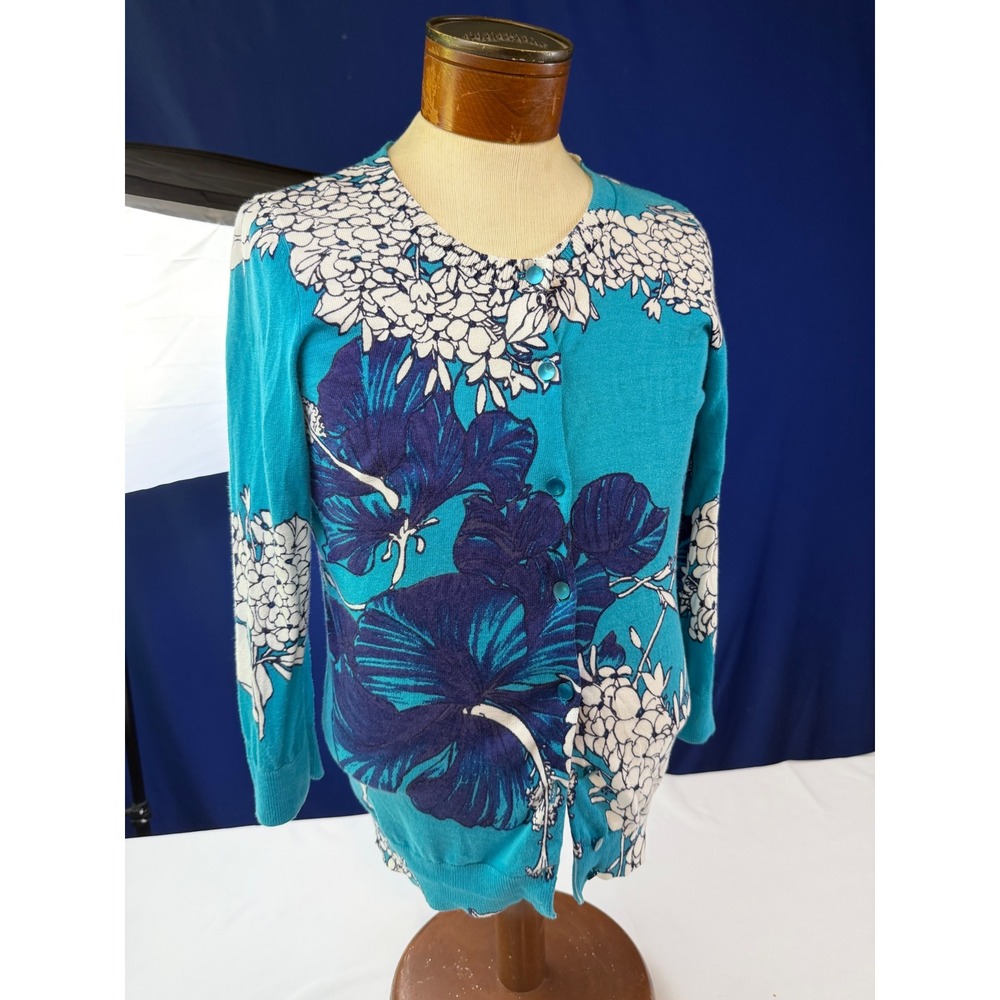 Talbots Petites Floral Cardigan Sweater Turquoise Blue Hibiscus SP